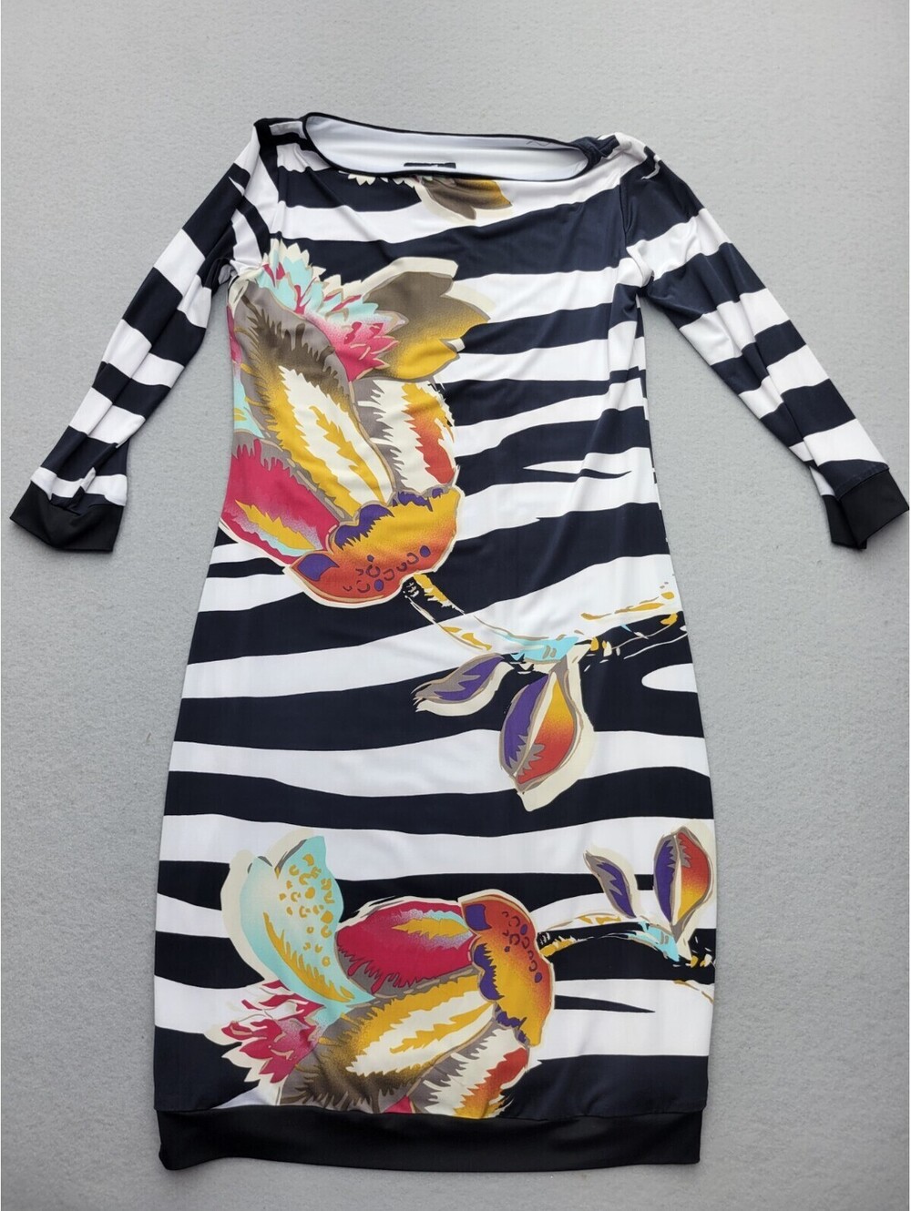 Analili Women's Dress 3/4 Medium Black/White Pencil Mini Sleeve Floral Jersey